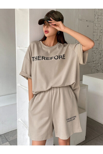 Therefore T-Shirt Penye Şort - Bej Alt Üst Takım Baskılı Oversize Bisiklet Yaka - 13