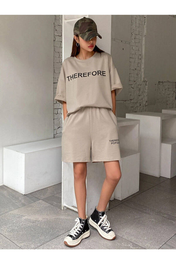 Therefore T-Shirt Penye Şort - Bej Alt Üst Takım Baskılı Oversize Bisiklet Yaka - 14