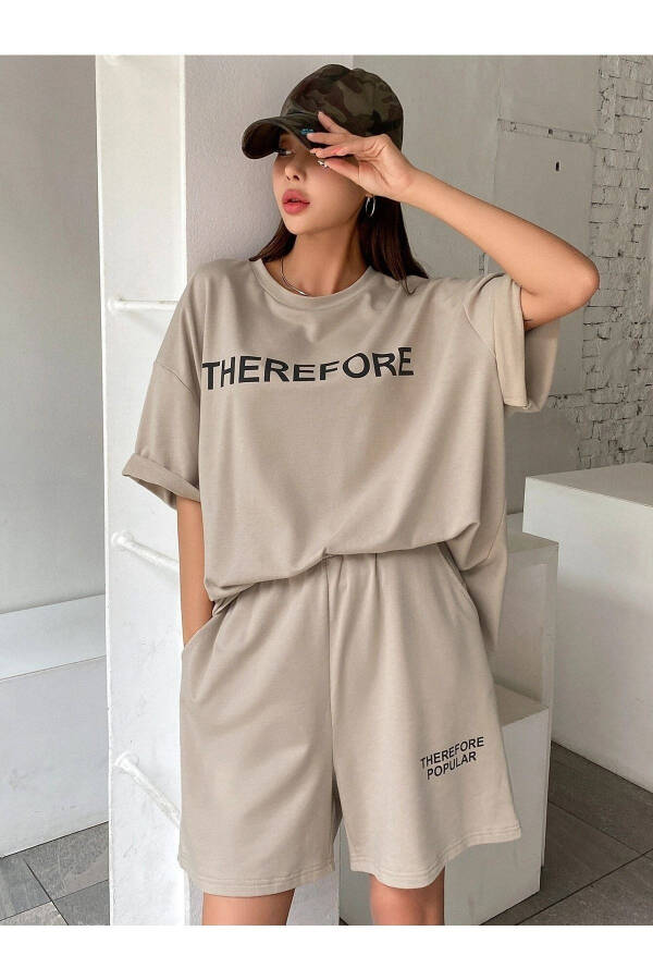 Therefore T-Shirt Penye Şort - Bej Alt Üst Takım Baskılı Oversize Bisiklet Yaka - 6