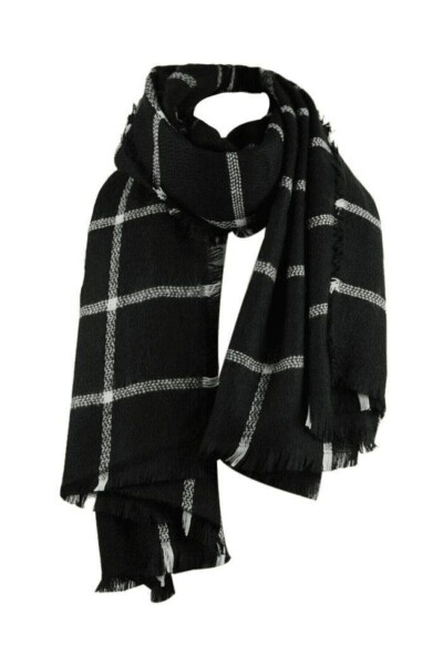 Thick Black Plaid Scarf with White Stripes - 4