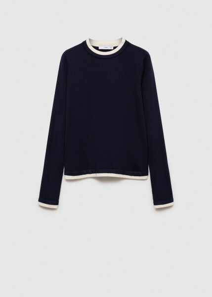 Thin, contrasting striped navy blue sweater. - 14