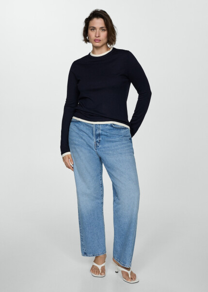 Thin, contrasting striped navy blue sweater. - 22