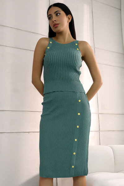 Thin Strapped Round Neck Sleeveless Patterned Tank Top Ribbed Buttoned Slit Skirt Two-Piece Knit Suit - 3