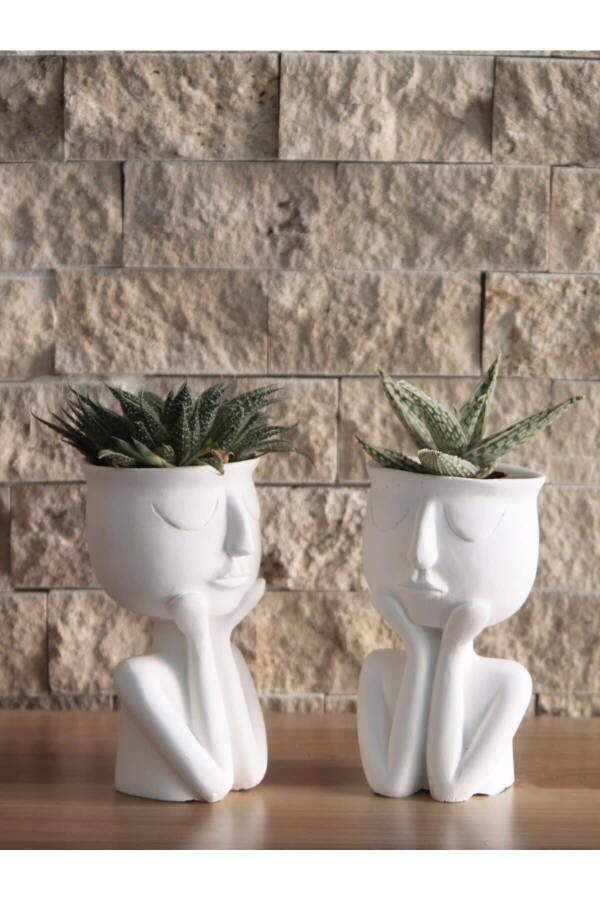 Thinking Woman Couple Set of 2, Succulent Planter, Multipurpose Object, Decorative Gift Raw White - 3