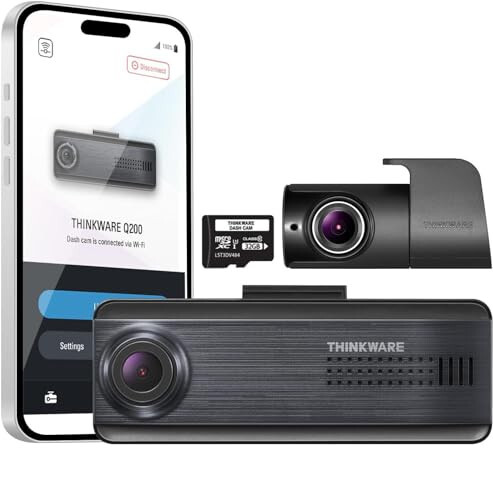 THINKWARE Q200 2 Kanal Dash Cam 2K Ön 1080P Arka Araç Gösterge Paneli Kamerası, WiFi, WDR, Hız Kırmızı Işık Uyarıları, ADAS, 256GB Maksimum, Park Gözetimi, Gece Görüşü (32GB MicroSD, 12V Çakmak, Sabit Bağlantı Kablosu, GPS) - 1