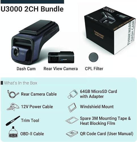 THINKWARE U3000 2CH 4K Front Dash Cam, 2K Rear Cam, STARVIS 2 Sensor Night Vision, Car Camera 5GHZ Wi-Fi GPS Radar Buffered Parking Mode, Free 64GB Card, CPL Filter, Speed Camera Alerts, OBD Cable - 8