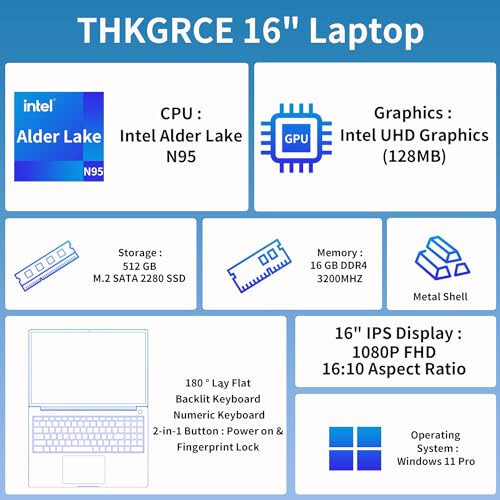 THKGRCE 16 İnç Dizüstü Bilgisayar, 16GB DDR4 512GB SSD, Intel N95 İşlemci (3.4GHz'e Kadar) 16:10 FHD Windows 11 Pro Dizüstü Bilgisayar Parmak İzi Okuyucuyla, Tam İşlevli Type-C, Tam Metal Kasa, 180° Açılma Açısı - 2