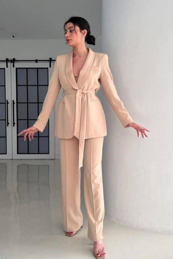 Tie-Up Blazer Jacket Wide Leg Pants Suit - 10