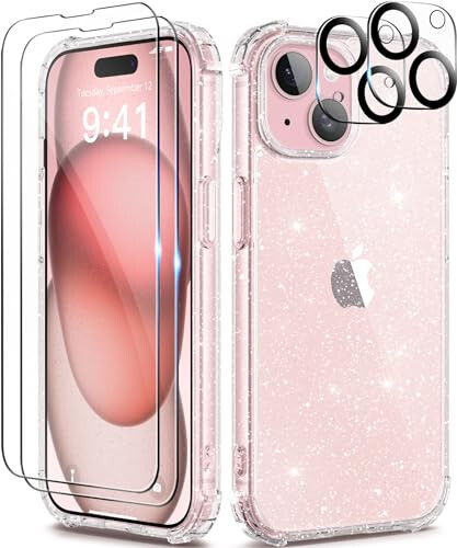 TIESZEN iPhone 15 Case, Glitter, with 2X Screen Protector + 2X Camera Lens Protector, [Non-Yellowing] Clear Sparkle Slim Shockproof Phone Cover for Women 6.1 Inch - 1