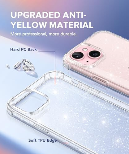 TIESZEN iPhone 15 Case, Glitter, with 2X Screen Protector + 2X Camera Lens Protector, [Non-Yellowing] Clear Sparkle Slim Shockproof Phone Cover for Women 6.1 Inch - 3