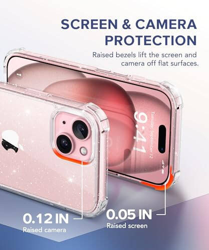 TIESZEN iPhone 15 Case, Glitter, with 2X Screen Protector + 2X Camera Lens Protector, [Non-Yellowing] Clear Sparkle Slim Shockproof Phone Cover for Women 6.1 Inch - 4