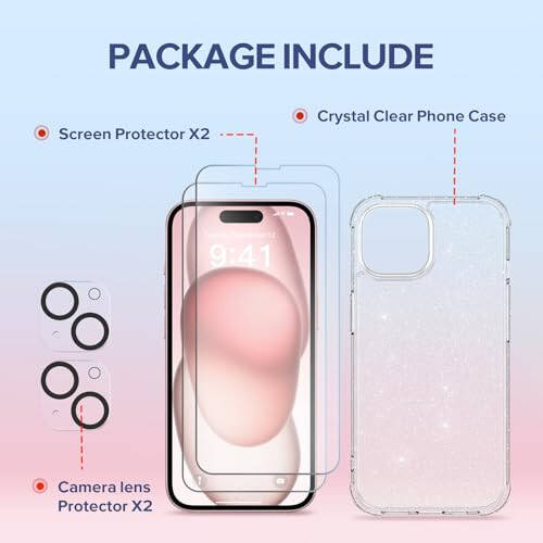 TIESZEN iPhone 15 Case, Glitter, with 2X Screen Protector + 2X Camera Lens Protector, [Non-Yellowing] Clear Sparkle Slim Shockproof Phone Cover for Women 6.1 Inch - 6