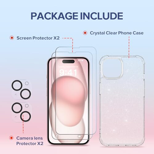 TIESZEN iPhone 15 Kılıfı, 2X Ekran Koruyucu + 2X Kamera Lens Koruyucu, Parlak - 6