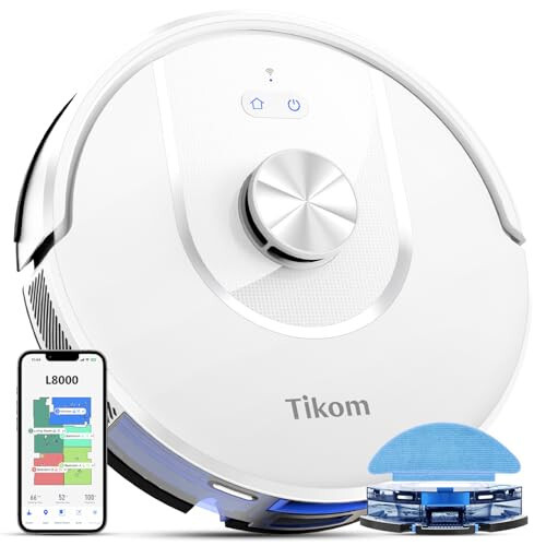 Tikom Robot Vacuum and Mop, L8000 Laser LiDAR Navigation Robotic Vacuum, 150Mins Max, 45dB, 14 No-Go Zones, 20 Virtual Walls, Self-Charging, Good for Pet Hair, Carpet, Hard Floor, White - 1