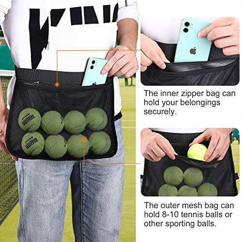 TOBWOLF Adjustable Tennis Ball Band Holder, Pickleball Waist Pouch Holder, Mesh Waist Hip Ball Bag Pouch Carrier, Fanny Pack Holding 8-10 Tennis or Pickleball, Waist Hip Bag for Tennis, Cycling, Golf - 6