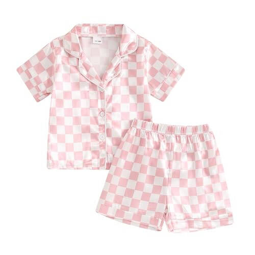 Toddler Baby Girl Boy Satin Pajamas Set Checkered Button Down Shirt+Short Pant Bottom Summer Sleepwear Loungewear - 43