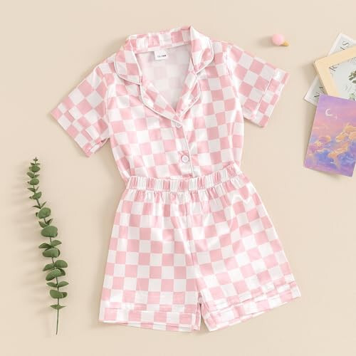 Toddler Baby Girl Boy Satin Pajamas Set Checkered Button Down Shirt+Short Pant Bottom Summer Sleepwear Loungewear - 44