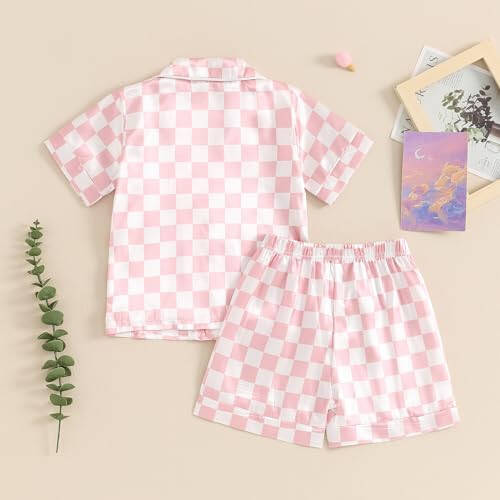 Toddler Baby Girl Boy Satin Pajamas Set Checkered Button Down Shirt+Short Pant Bottom Summer Sleepwear Loungewear - 38