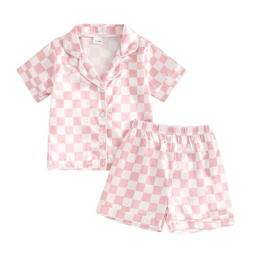 Toddler Baby Girl Boy Satin Pajamas Set Checkered Button Down Shirt+Short Pant Bottom Summer Sleepwear Loungewear - 15