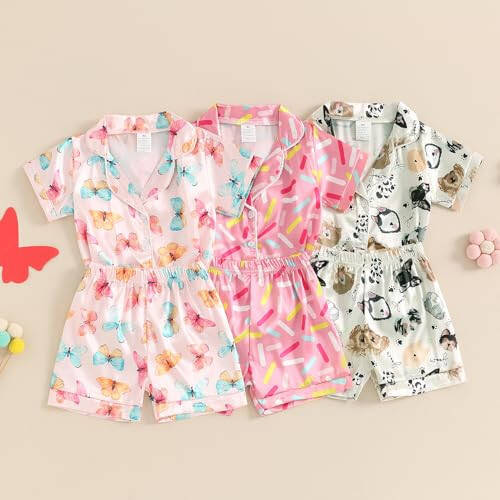 Toddler Baby Kids Satin Summer Pajamas Set Short Sleeve Button-Down Pajamas Top Pants 2Pcs Loungewear Sleepwear Pjs - 44