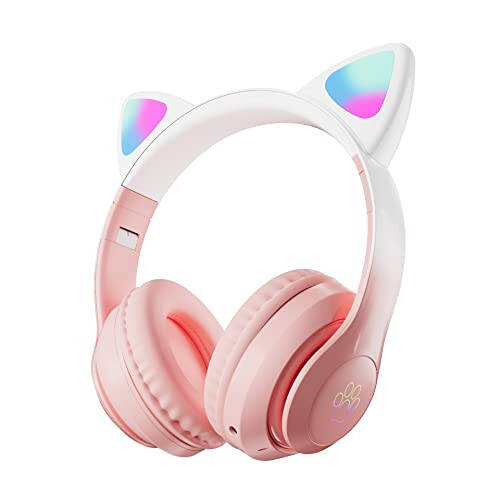 TOKANI Kids Headphones, Bluetooth Wireless Headphones for Kids Teens Adults, Over-Ear Bluetooth Headphones with Microphone, Cat Ear Headphones for Girls Women (New Pink) - 1