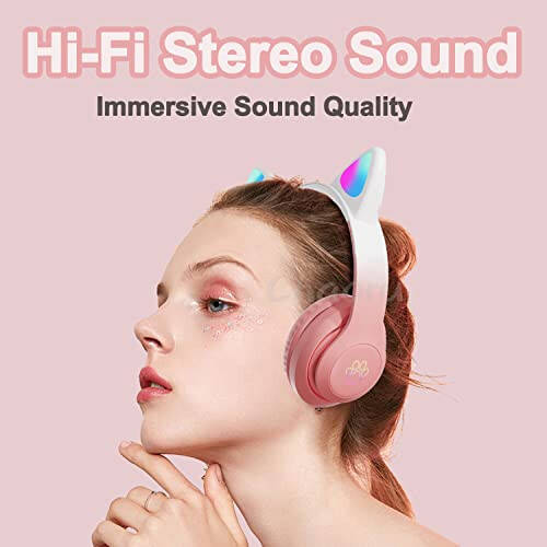 TOKANI Kids Headphones, Bluetooth Wireless Headphones for Kids Teens Adults, Over-Ear Bluetooth Headphones with Microphone, Cat Ear Headphones for Girls Women (New Pink) - 3