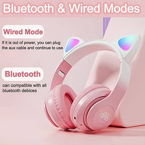 TOKANI Kids Headphones, Bluetooth Wireless Headphones for Kids Teens Adults, Over-Ear Bluetooth Headphones with Microphone, Cat Ear Headphones for Girls Women (New Pink) - 5