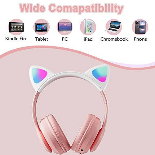 TOKANI Kids Headphones, Bluetooth Wireless Headphones for Kids Teens Adults, Over-Ear Bluetooth Headphones with Microphone, Cat Ear Headphones for Girls Women (New Pink) - 6