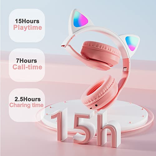 TOKANI Kids Headphones, Bluetooth Wireless Headphones for Kids Teens Adults, Over-Ear Bluetooth Headphones with Microphone, Cat Ear Headphones for Girls Women (New Pink) - 7