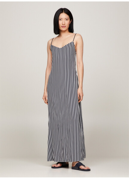 Tommy Hilfiger V bo'yinli chiziqli ko'k uzun ayollar libos FLUID STRIPE ANKLE SLIP DRESS - 5