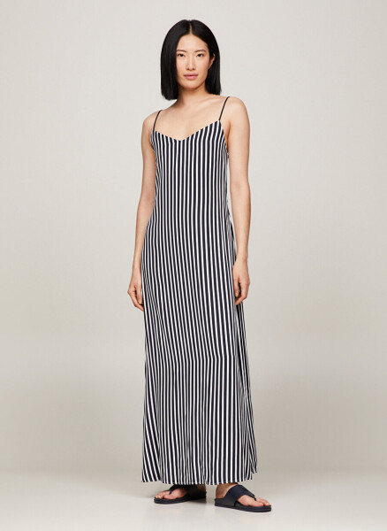 Tommy Hilfiger V-Neck Striped Navy Blue Long Women's Dress FLUID STRIPE ANKLE SLIP DRESS - 1