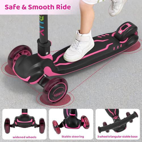 TONBUX Kids Scooter, Light Up 3 Wheel Kick Scooters for Kids 3-5, Folding Scooters for Kids 8-12 with Adjustable Height -Toddler Scooter Lean-to-Steer & Widen Anti-Slip Deck - 6