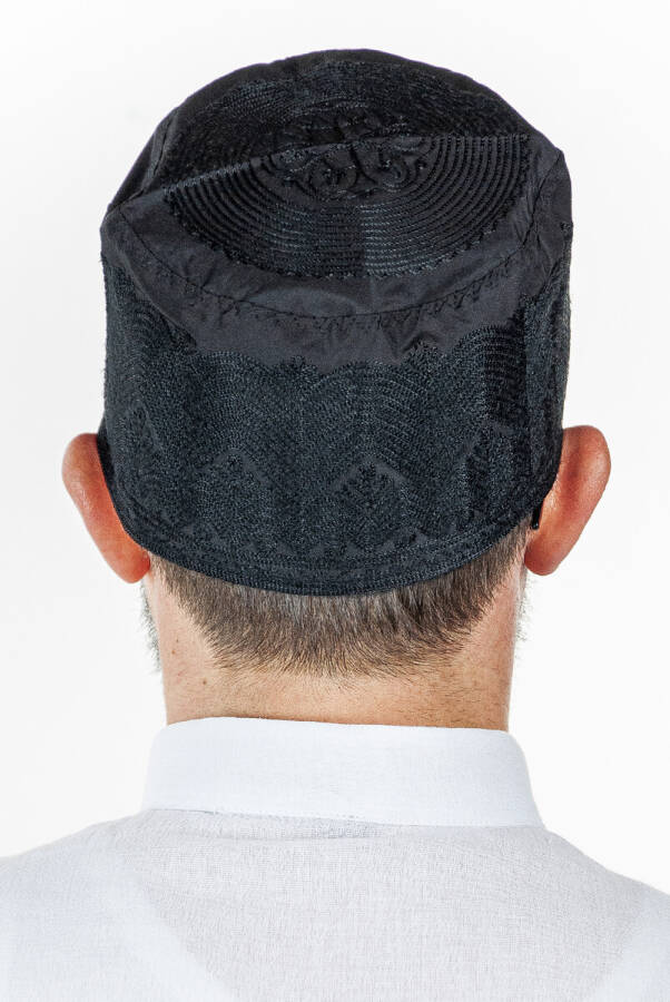 Topbaş Embroidered Patterned Template Fabric Skullcap Black - 2