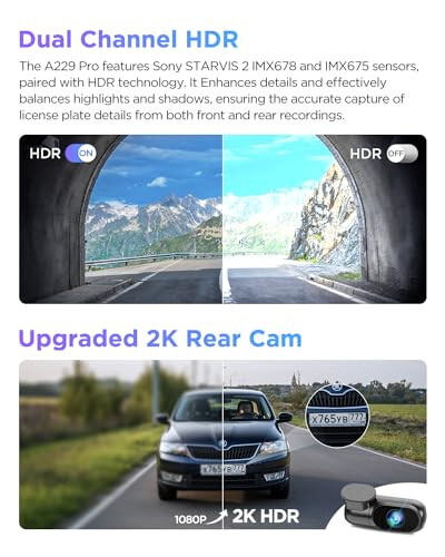 【To'plam: VIOFO A229 Pro 2CH + 512GB karta + HK4 8 dona sigorta tapasi bilan】 VIOFO A229 Pro 4K HDR Avtomobil kamerasi, Ikkita STARVIS 2 IMX678 IMX675, 4K+2K Old va Orqa Avtomobil kamerasi, 2 Kanal HDR bilan, 5GHz WiFi GPS - 4