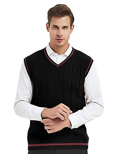 TopTie Men's V-Neck Cotton Twist Knit Sweater Vest Green and Red Trim - 1