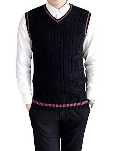 TopTie Men's V-Neck Cotton Twist Knit Sweater Vest Green and Red Trim - 5