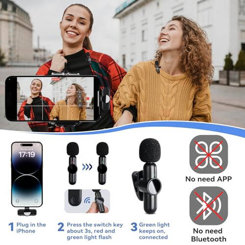 Topzeal Kablosuz Yakalı Mikrofon iPhone için, 2'li Paket Mini Klipli iPhone Mikrofonu, Çift Yakalı Mikrofon Kablosuz Podcast Mikrofonu Video Kaydı, Canlı Yayın, YouTube, Tiktok, Vlog İçin - 4