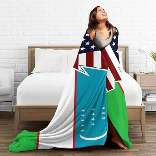 Torn Style American and Uzbekistan Flags Throw Blanket 40