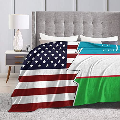 Torn Style American and Uzbekistan Flags Throw Blanket 50