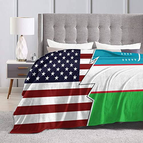 Torn Style American and Uzbekistan Flags Throw Blanket 50