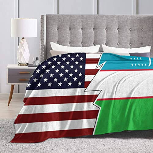 Torn Style American and Uzbekistan Flags Throw Blanket for Couch Bed Sofa Soft and Comfortable Blankets 80