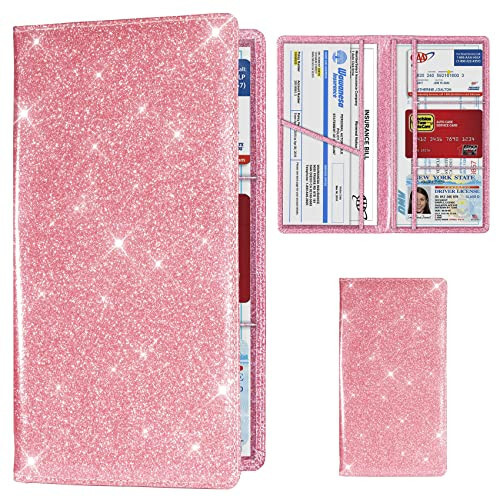 TOURSUIT Car Registration and Insurance Card Holder, Vehicle License Document Glove Box Compartment Organizer, Interior Car Accessories for Women Men Teens (Glitter Pink) - 1