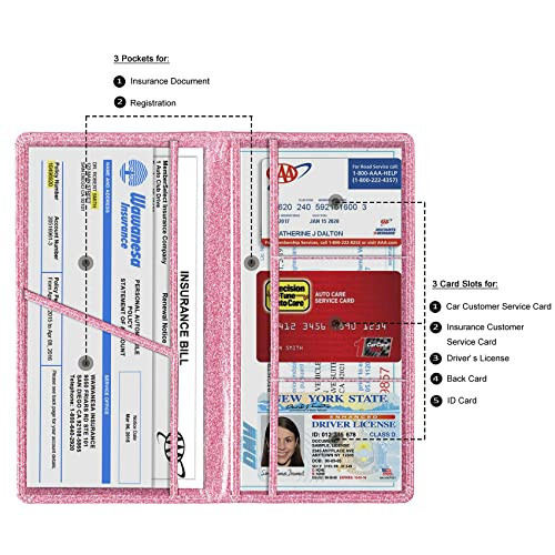 TOURSUIT Car Registration and Insurance Card Holder, Vehicle License Document Glove Box Compartment Organizer, Interior Car Accessories for Women Men Teens (Glitter Pink) - 2