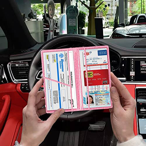 TOURSUIT Car Registration and Insurance Card Holder, Vehicle License Document Glove Box Compartment Organizer, Interior Car Accessories for Women Men Teens (Glitter Pink) - 5