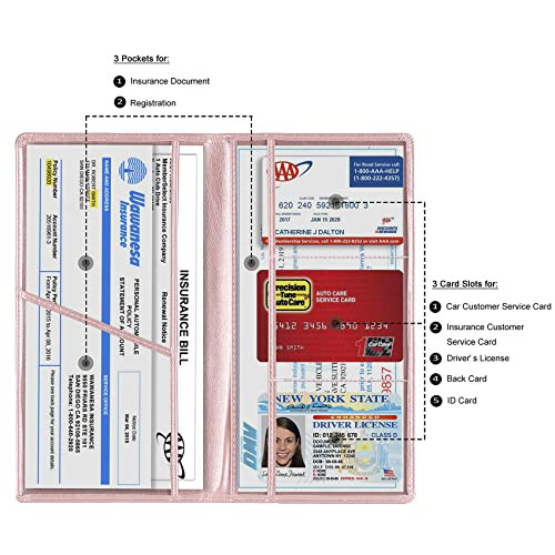 TOURSUIT Держатель для регистрационных документов и страхового полиса автомобиля, органайзер для документов на автомобиль, бардачок, внутренние автомобильные аксессуары для женщин, мужчин и подростков (розовое золото) - 2