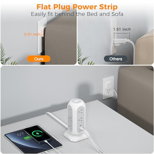 Tower Power Strip Flat Plug with 11 Outlets 3 USB (1 USB C), TESSAN Surge Protector Tower 1625W/13A, 1050J Protection, 6 Feet Extension Cord with Multiple Outlets, Office Desk Supplies, Dorm Essentials - 2