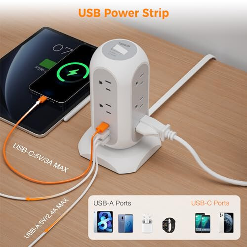 Tower Power Strip Flat Plug with 11 Outlets 3 USB (1 USB C), TESSAN Surge Protector Tower 1625W/13A, 1050J Protection, 6 Feet Extension Cord with Multiple Outlets, Office Desk Supplies, Dorm Essentials - 3