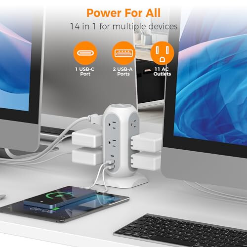 Tower Power Strip Flat Plug with 11 Outlets 3 USB (1 USB C), TESSAN Surge Protector Tower 1625W/13A, 1050J Protection, 6 Feet Extension Cord with Multiple Outlets, Office Desk Supplies, Dorm Essentials - 6