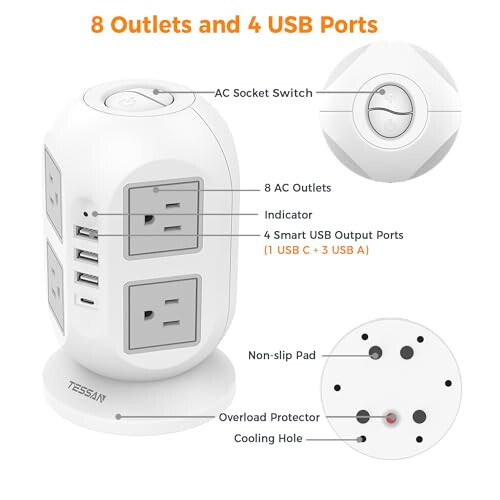 Tower Surge Protector Power Strip 10 ft, TESSAN Long Flat Extension Cord with Multiple Outlets, 8 AC Outlets with 4 USB Ports (1 USB C), Charging Station with Surge Protection, for Home Office Dorm - 5