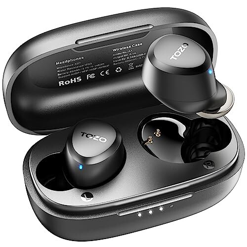 TOZO A1 Mini Wireless Earbuds Bluetooth 5.3 in Ear Light-Weight Headphones Built-in Microphone, IPX5 Waterproof, Immersive Premium Sound Long Distance Connection Headset with Charging Case, Black - 2